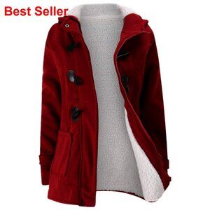 Womens Fleece Hooded Winter Jacket with Horn Buttons, Medium Weight, Warm